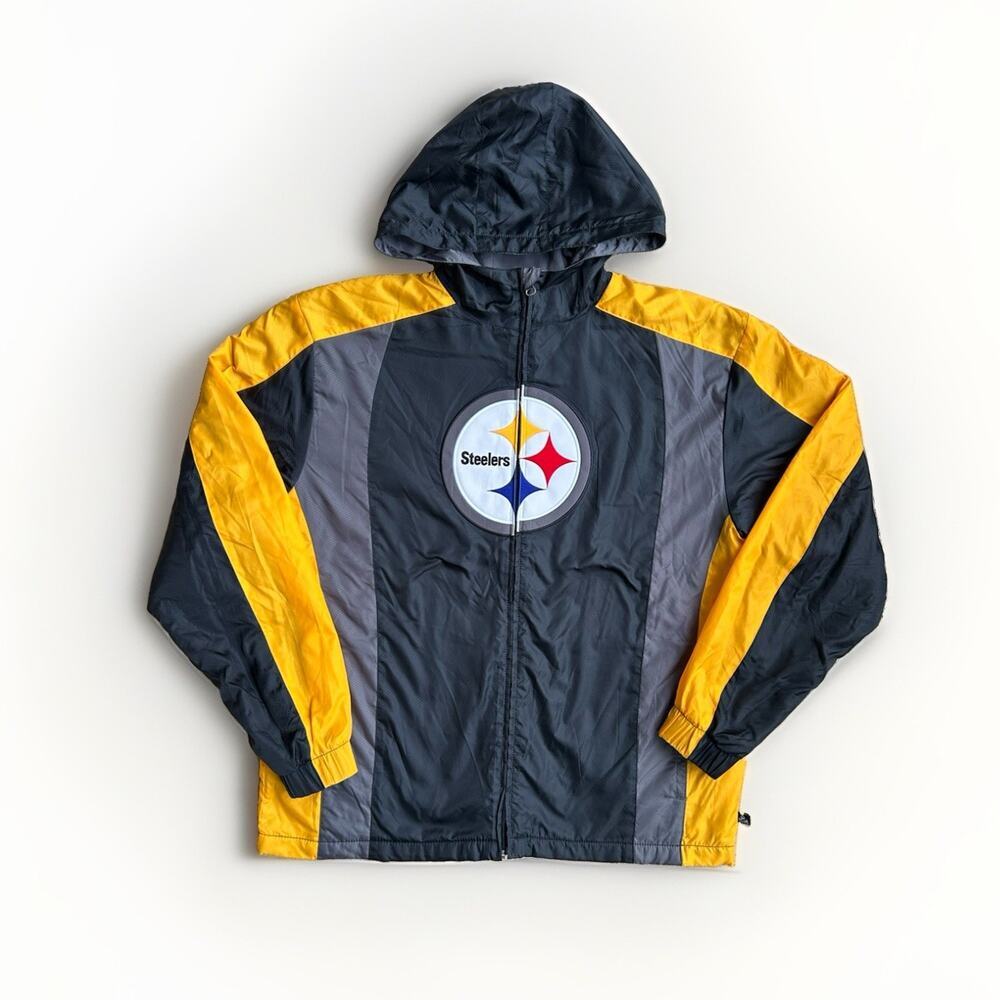 NFL Pittsburgh Steelers Windbreaker Jacket Mens Medium Fleece Lined Black Gold